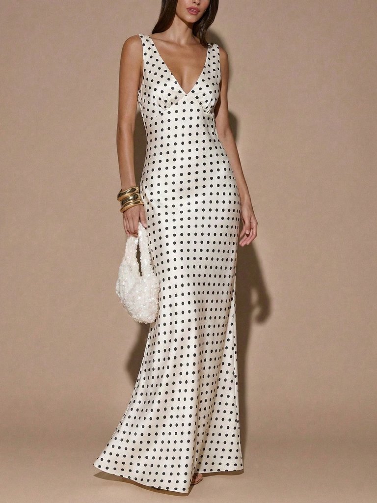 White Casual Women's Polka Dot Satin V-Neck Sleeveless Fitted Mermaid Dress